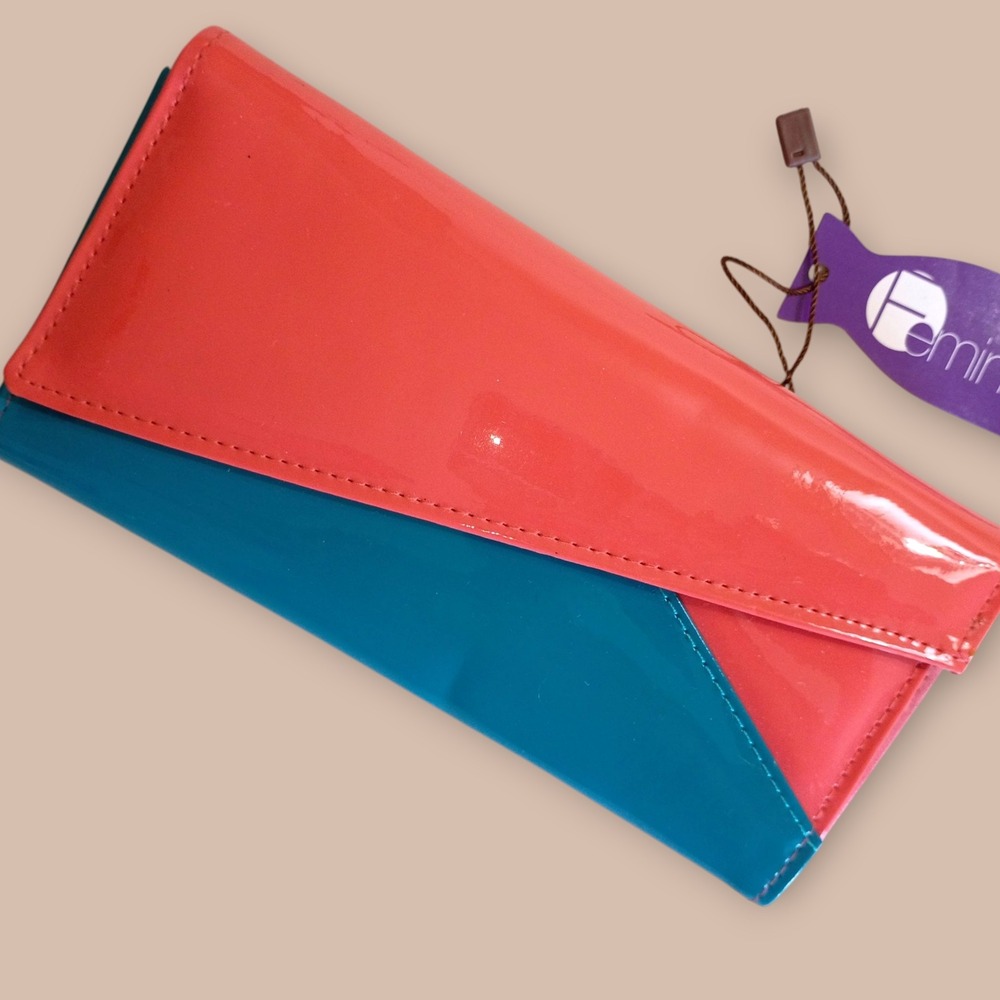 Coral & Teal Patent Color Block Clutch‎ Wallet Card Holder Feminine